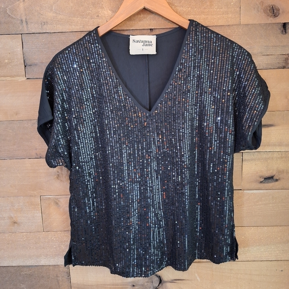 Savanna Jane Black Sequin Short Sleeve Top Size Small